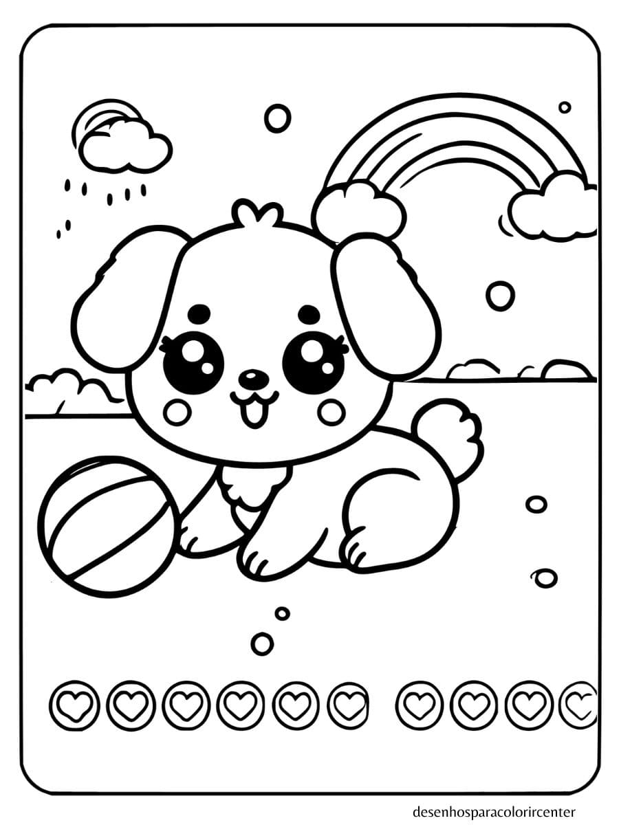 cachorro kawaii para colorir brincando com uma bola e arco-íris