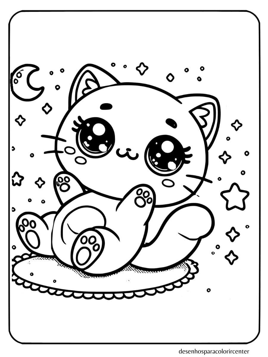 gato kawaii lying on back with stars moon para colorir