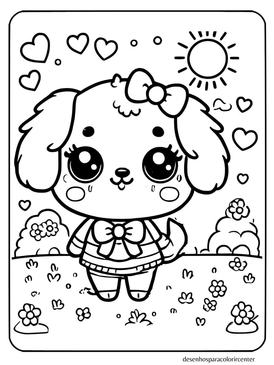 cachorro kawaii para colorir feliz com orelhas caídas e roupa fofa