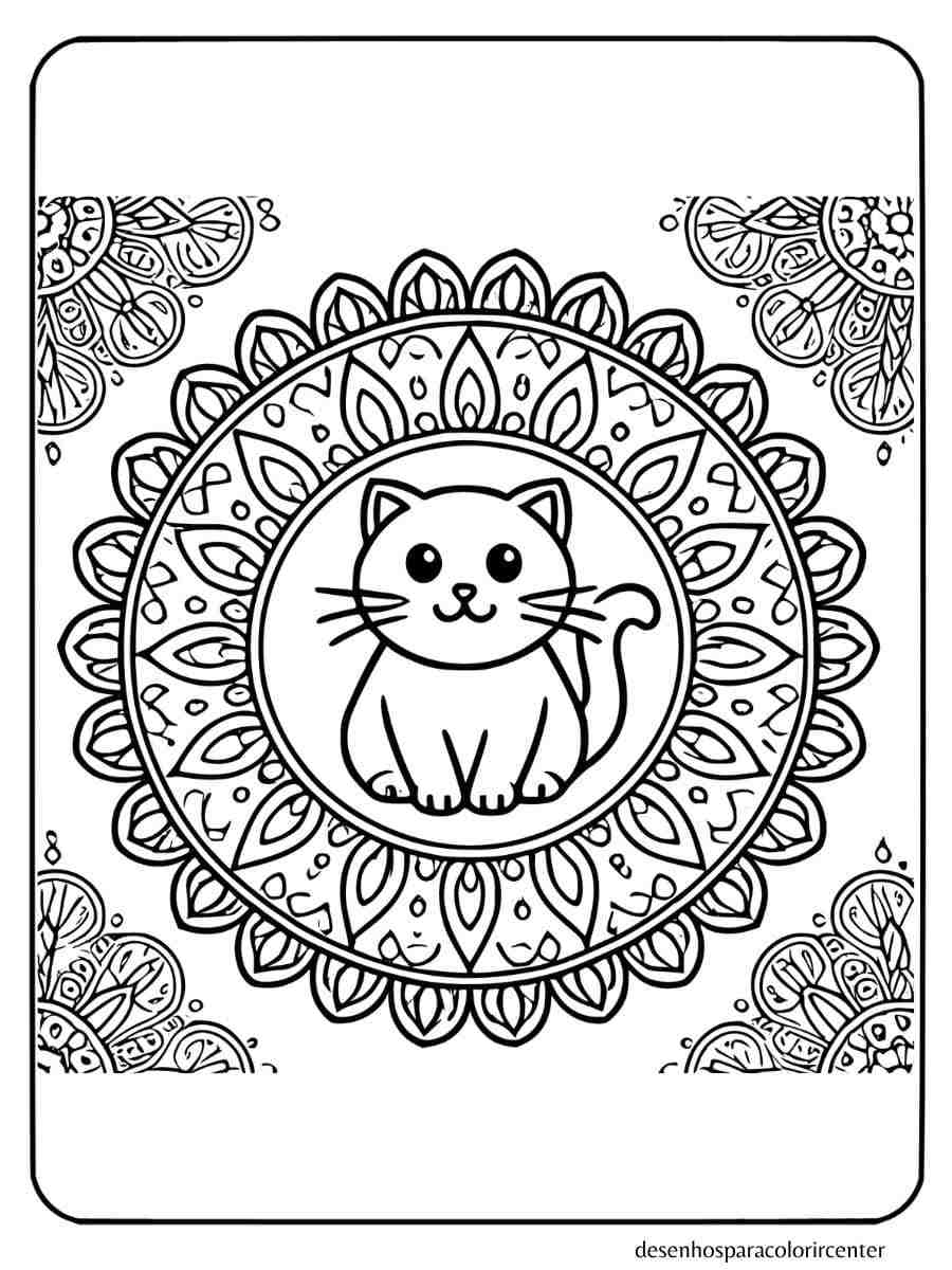 gato para colorir em um mandala