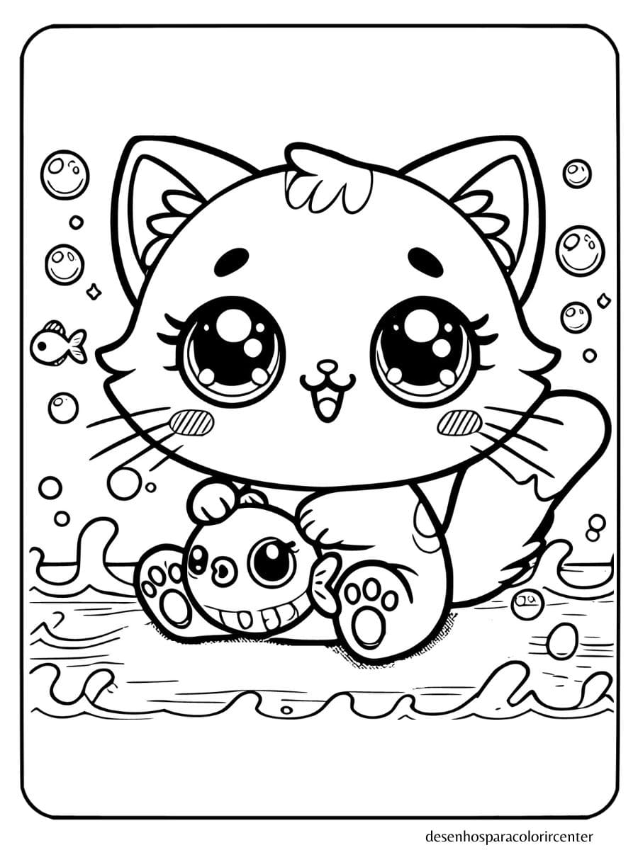 gato kawaii holding fish with bubbles waves para colorir