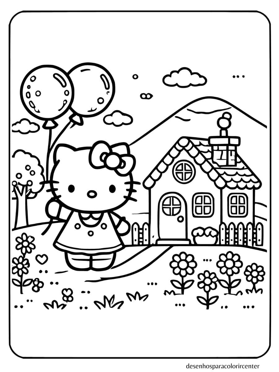 Hello Kitty para colorir segurando um balão na frente da casa