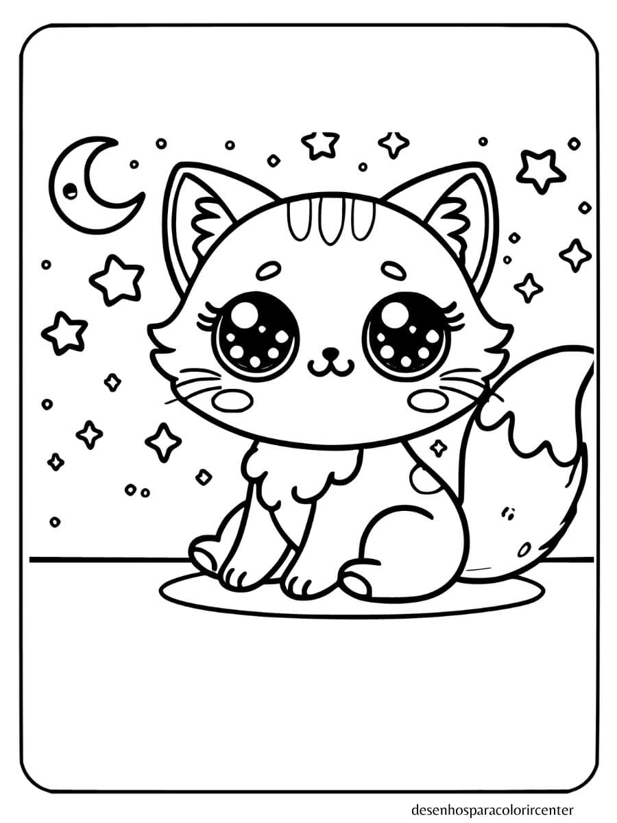 gato kawaii sitting with stars moon para colorir