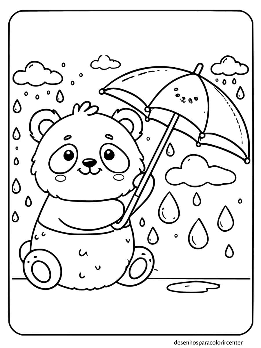 Panda segurando um guarda-chuva com gotas de chuva e céu nublado para colorir