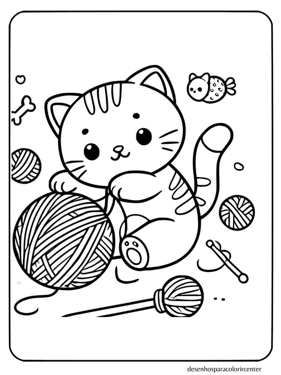 gato para colorir brincando com novelo de lã