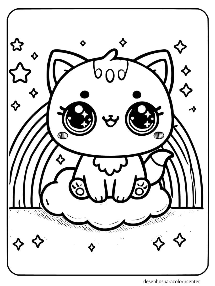 gato kawaii sitting on cloud with rainbow stars para colorir