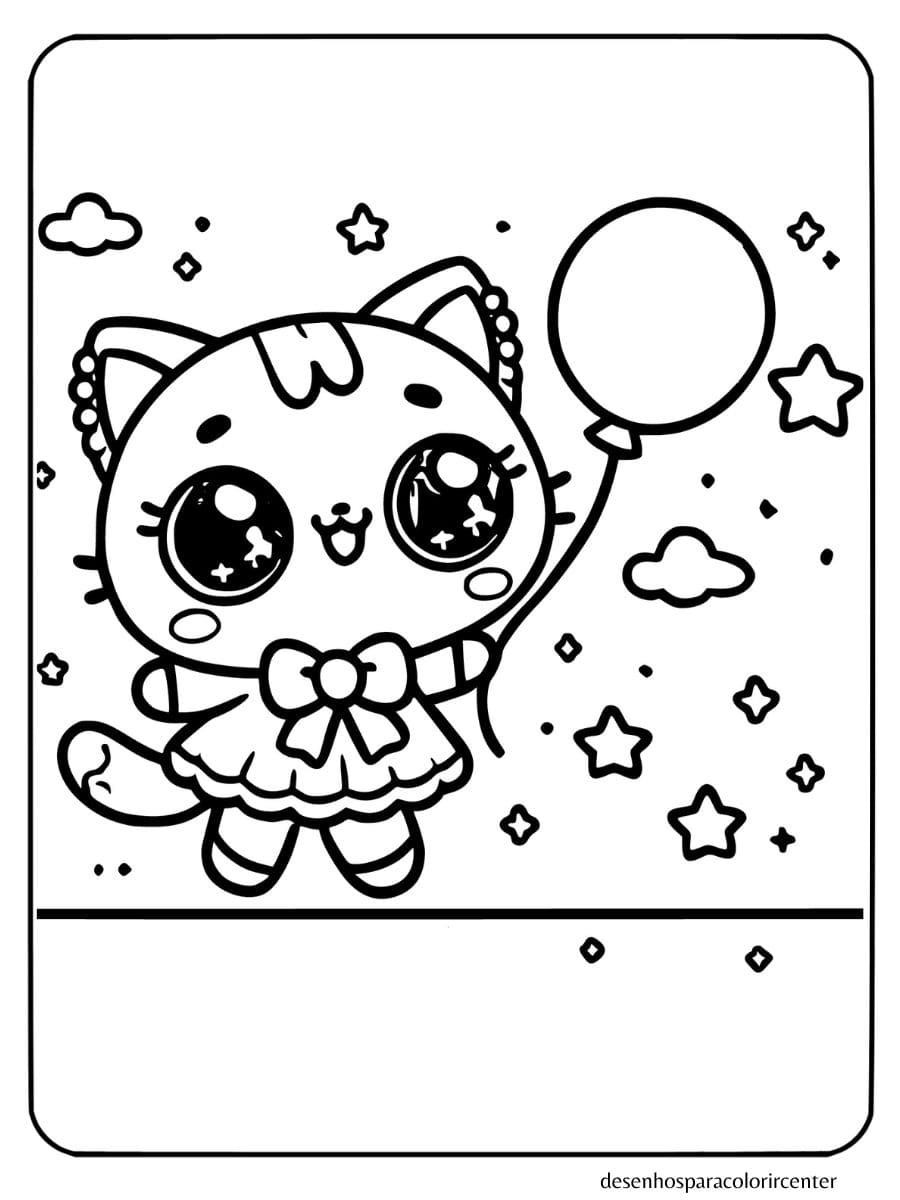 gato kawaii holding balloon wearing bow tie para colorir