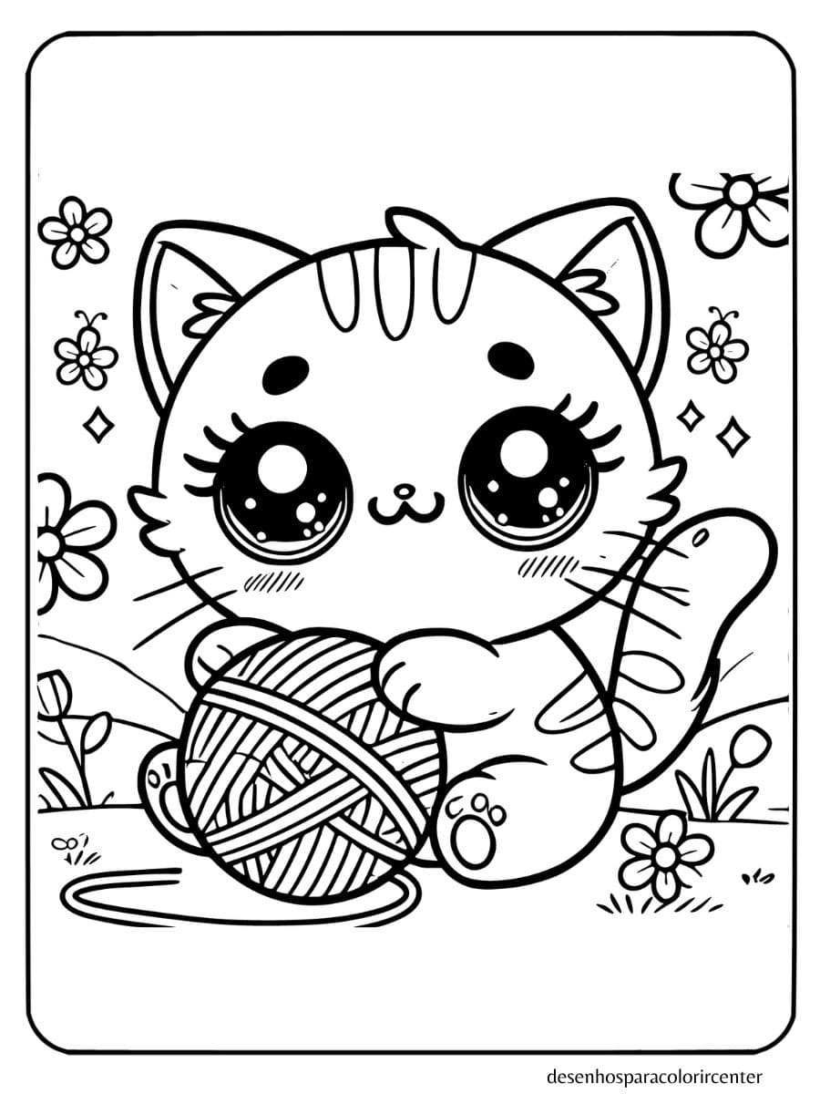 gato kawaii playing with yarn and butterfly para colorir