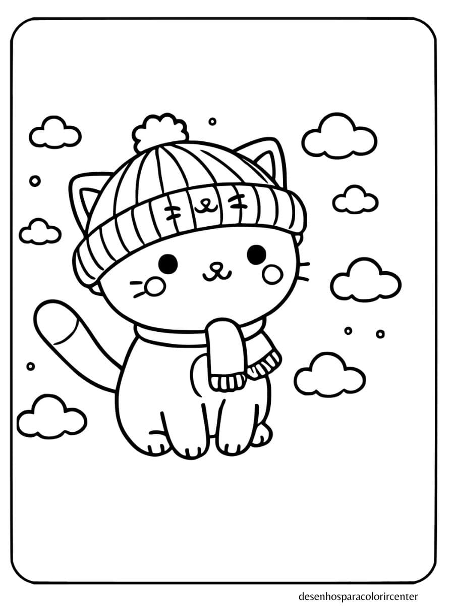 gato para colorir usando um chapéu fofinho