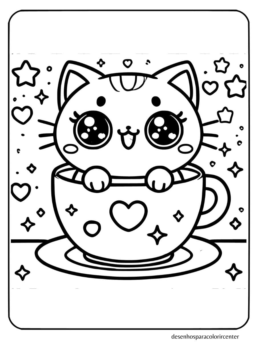 gato kawaii in a cup with hearts stars para colorir