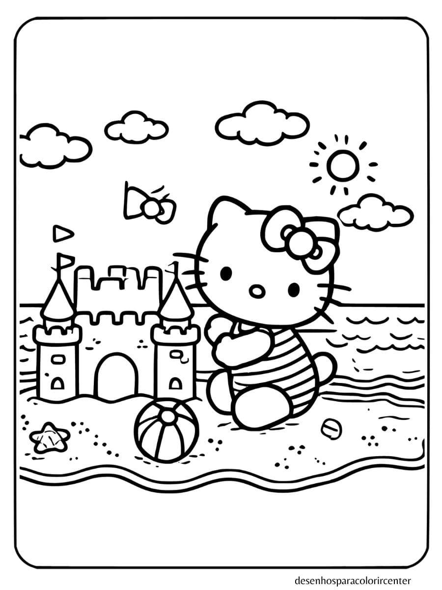 Hello Kitty para colorir construindo um castelo de areia na praia