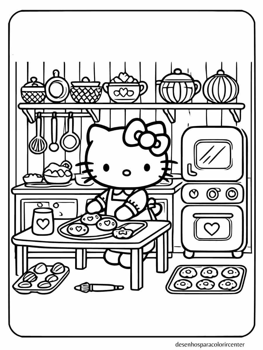 Hello Kitty para colorir fazendo biscoitos na cozinha