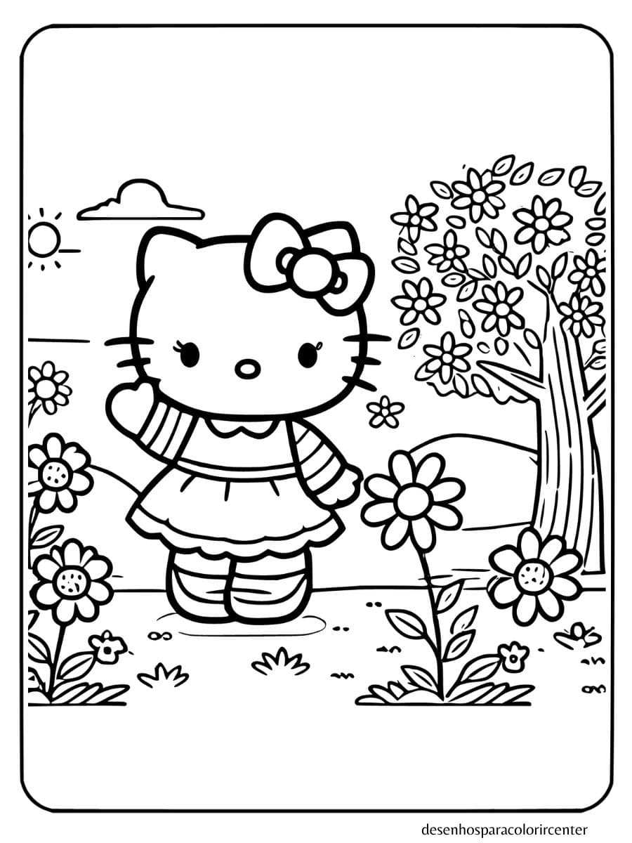 Hello Kitty para colorir em pé no jardim