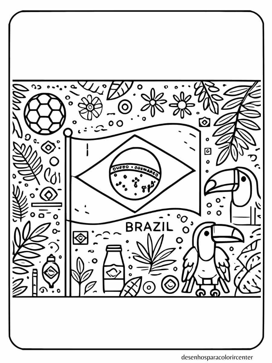 bandeira do brasil para colorir com símbolos de futebol e tucano em um fundo detalhado