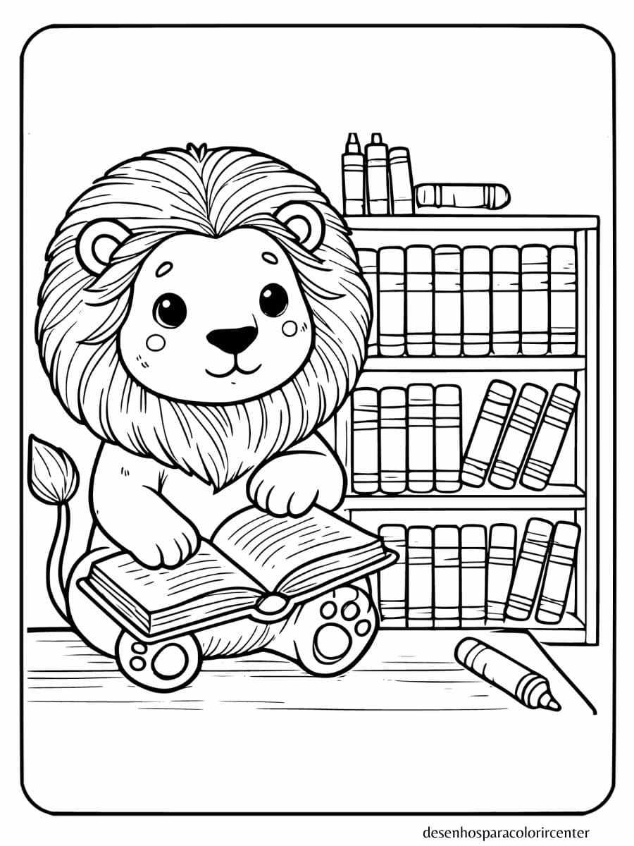 leão lendo um livro para colorir