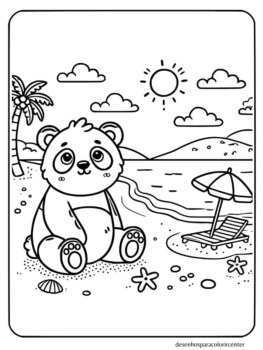 Panda na praia com coqueiros e oceano para colorir