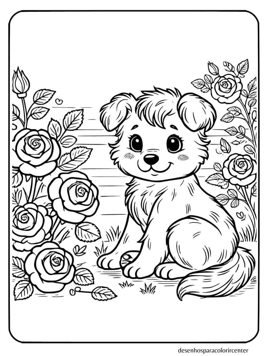 cachorro para colorir com rosas