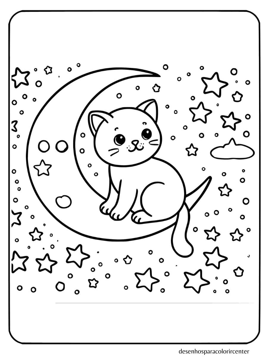 gato para colorir sentado na lua