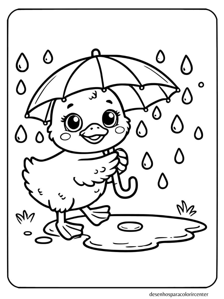 Pato para colorir segurando um guarda-chuva na chuva com algumas gotas de chuva e poça