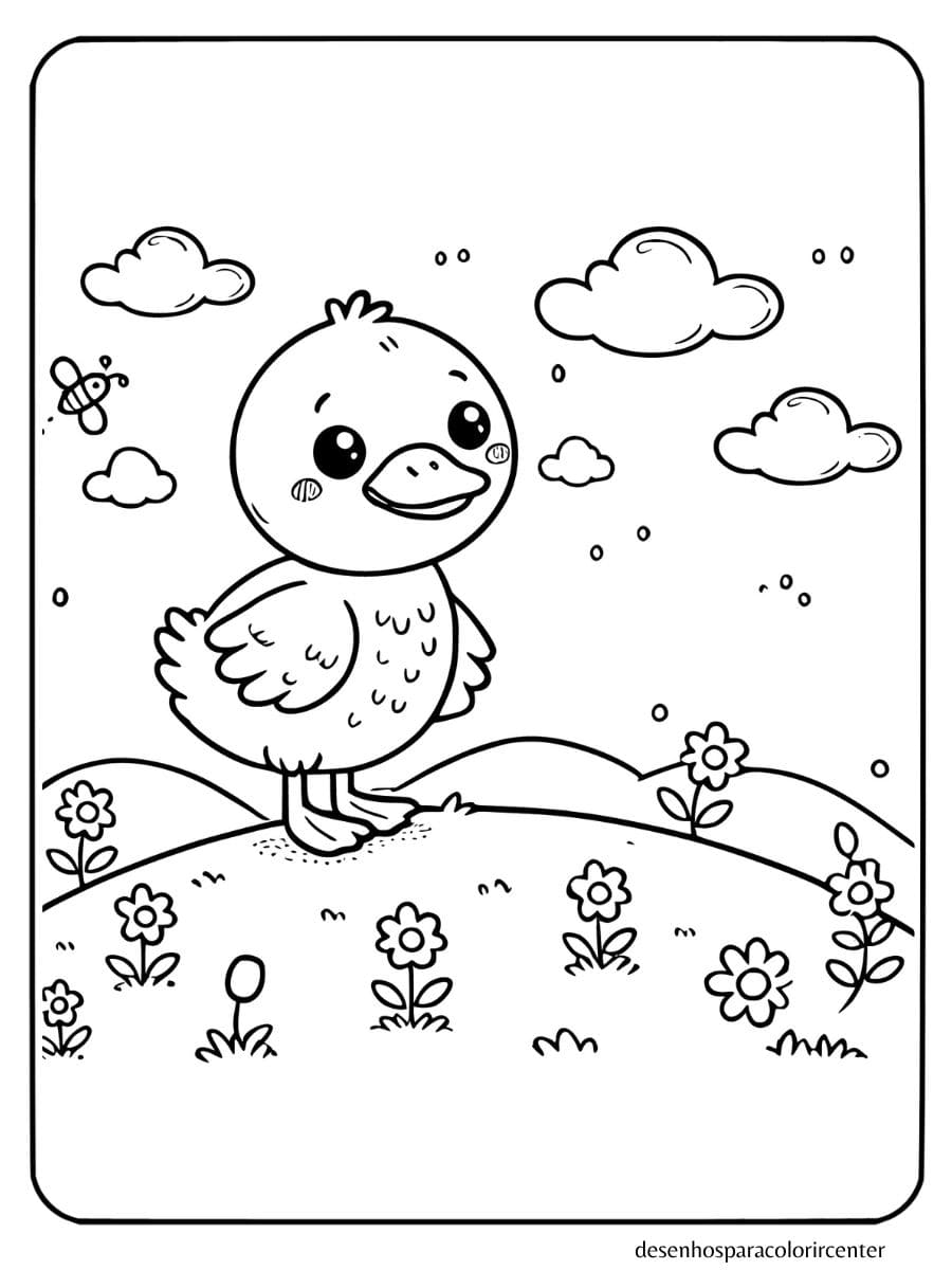 Pato para colorir em pé na colina com flores e nuvens