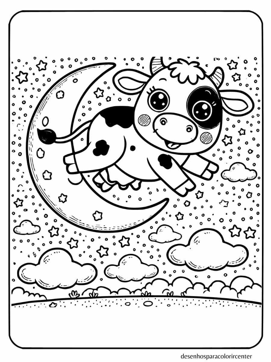 Vaca pulando sobre a lua para colorir