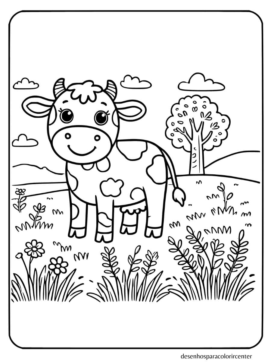 Vaca sorrindo em um campo de grama para colorir