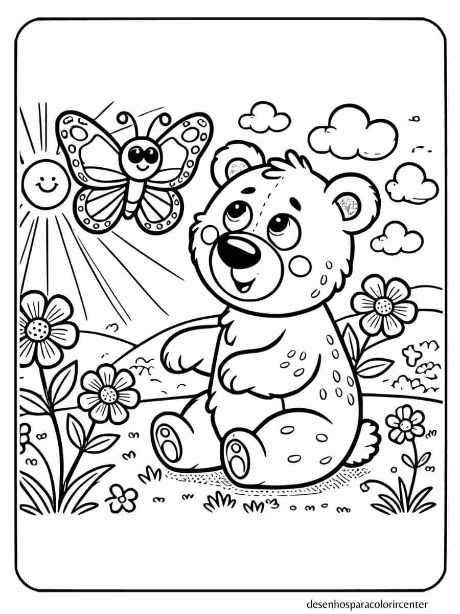 Urso brincando com borboleta no campo para colorir