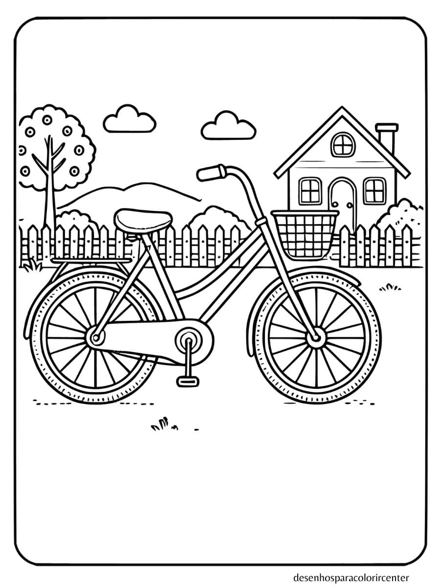 bicicleta perto de casa com cerca para colorir