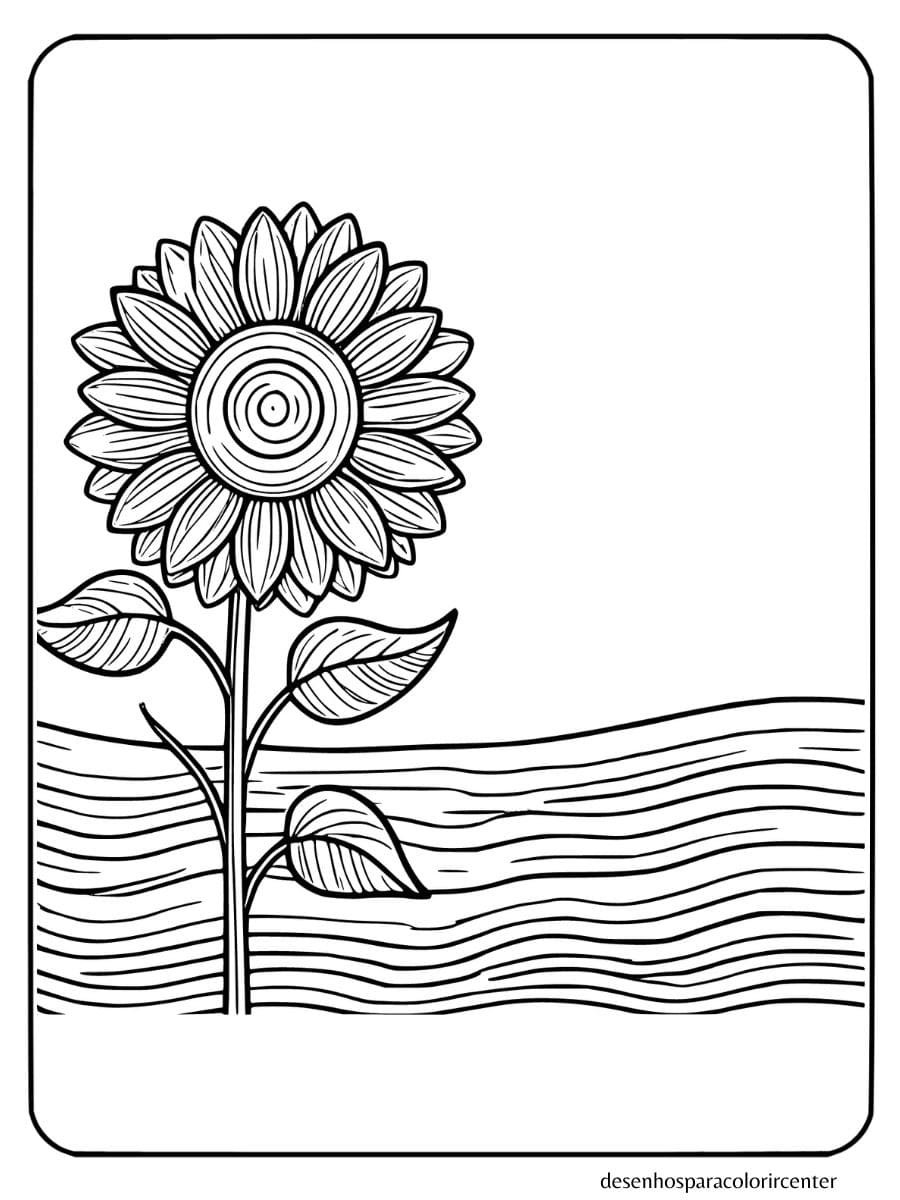 Girassol ao lado de um lago com ondas simples para colorir