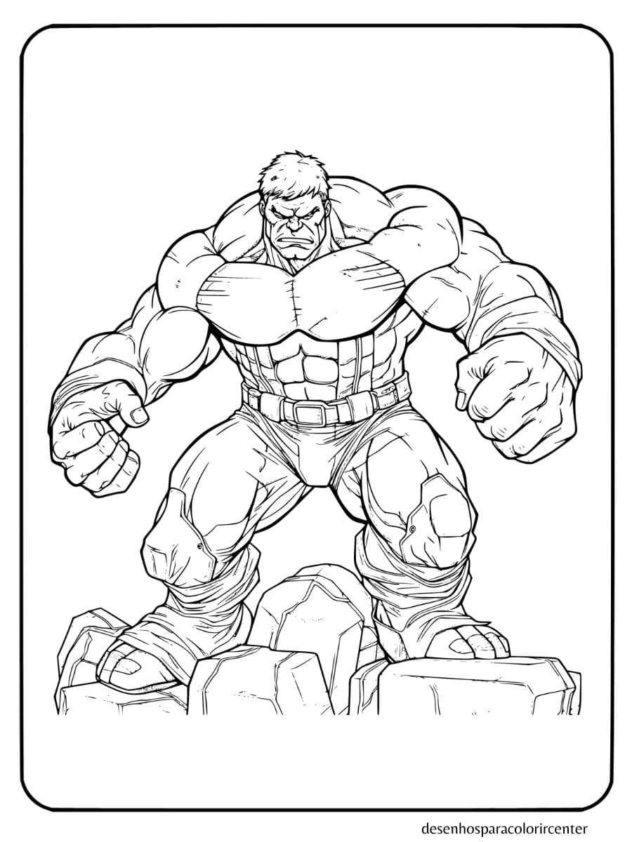 hulk em pé sobre as rochas para colorir