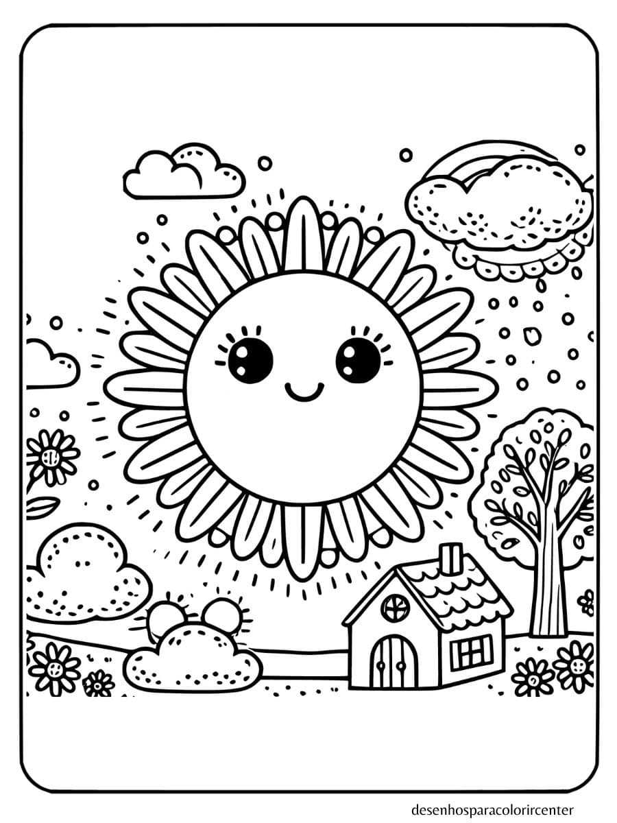 sol alegre com casa e flores para colorir