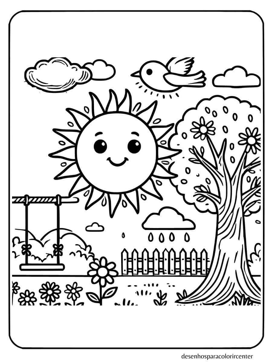 sol com balanço e passarinho para colorir