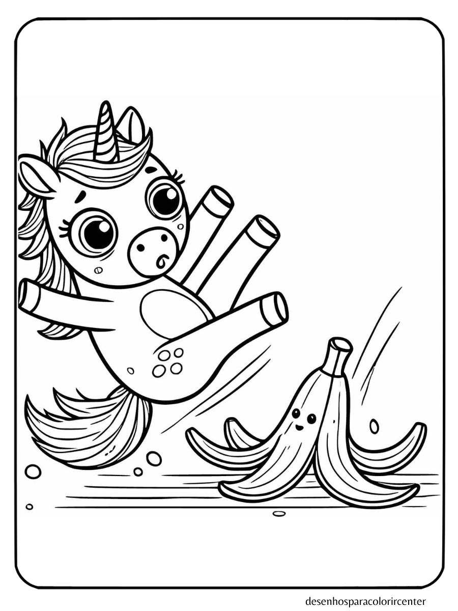 unicornio divertido escorregando casca de banana para colorir