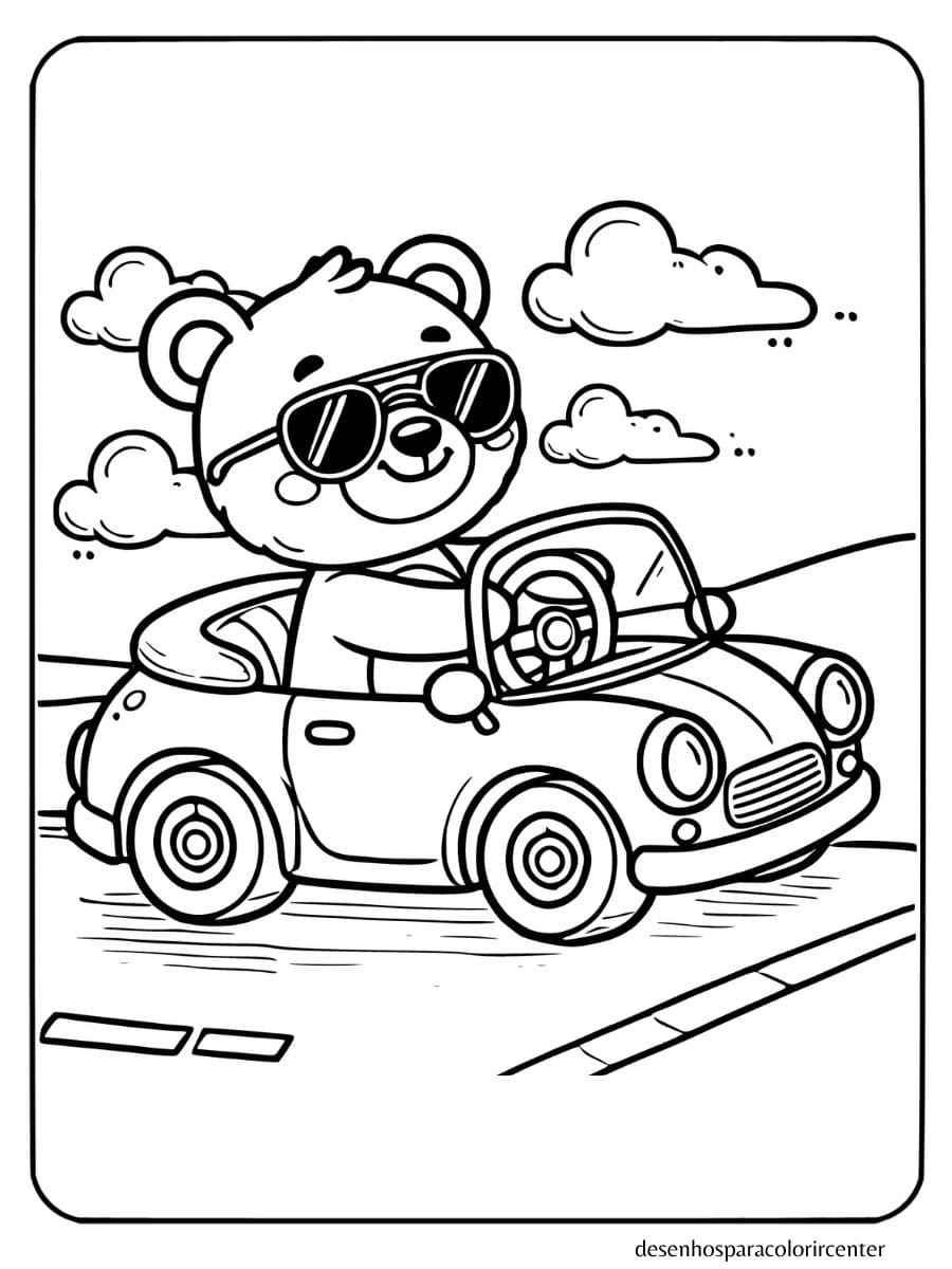 Urso dirigindo um carro conversível para colorir