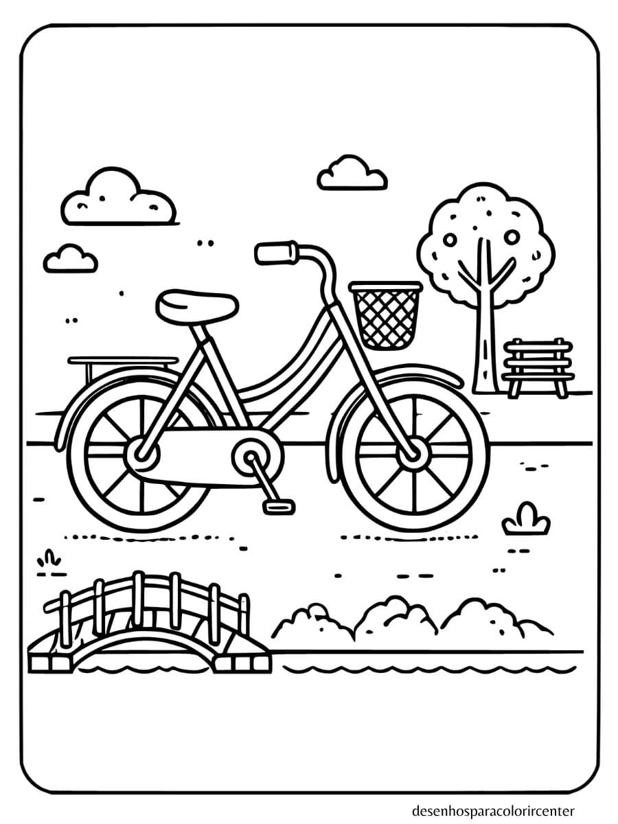 bicicleta perto de ponte e rio para colorir