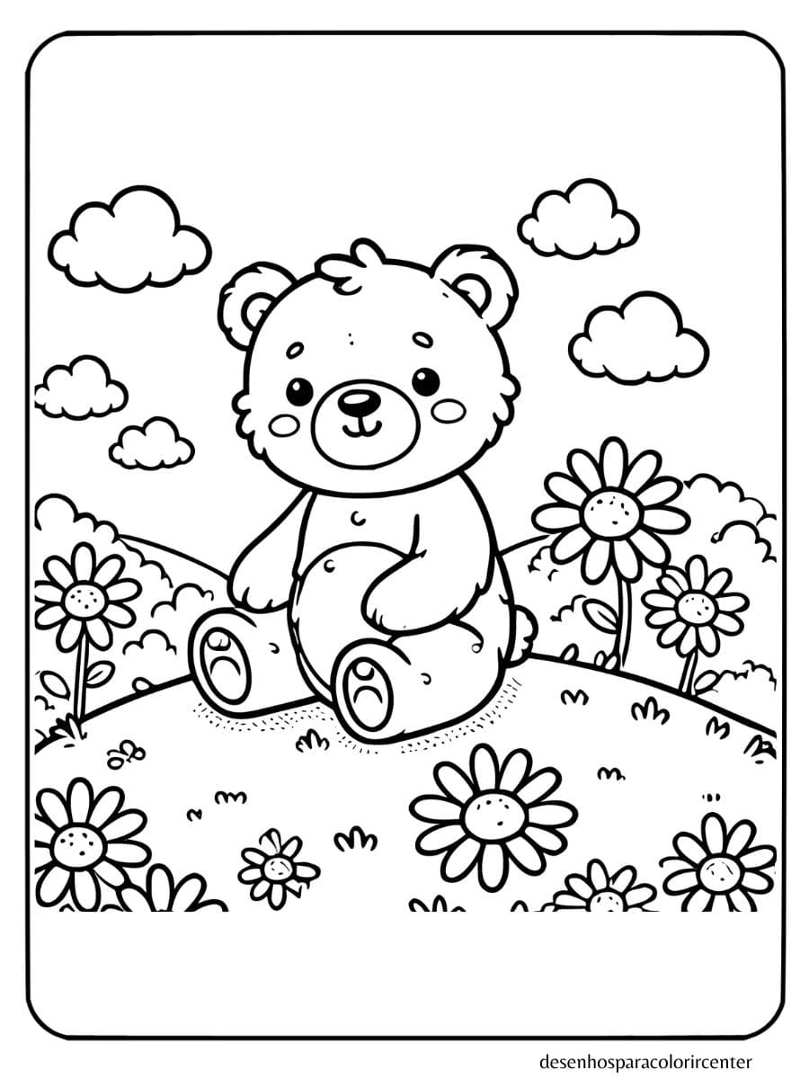 Urso sentado na colina com flores para colorir