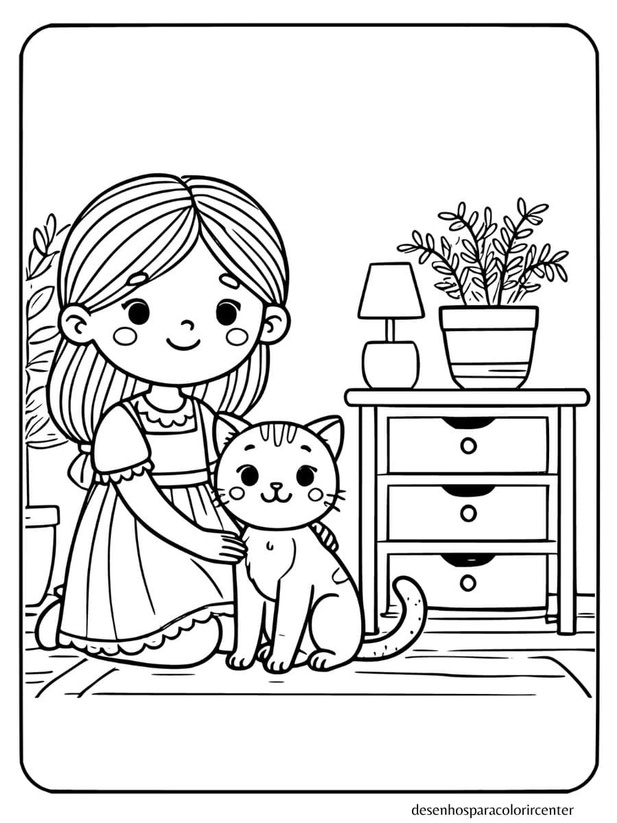 Menina Com Gato para colorir