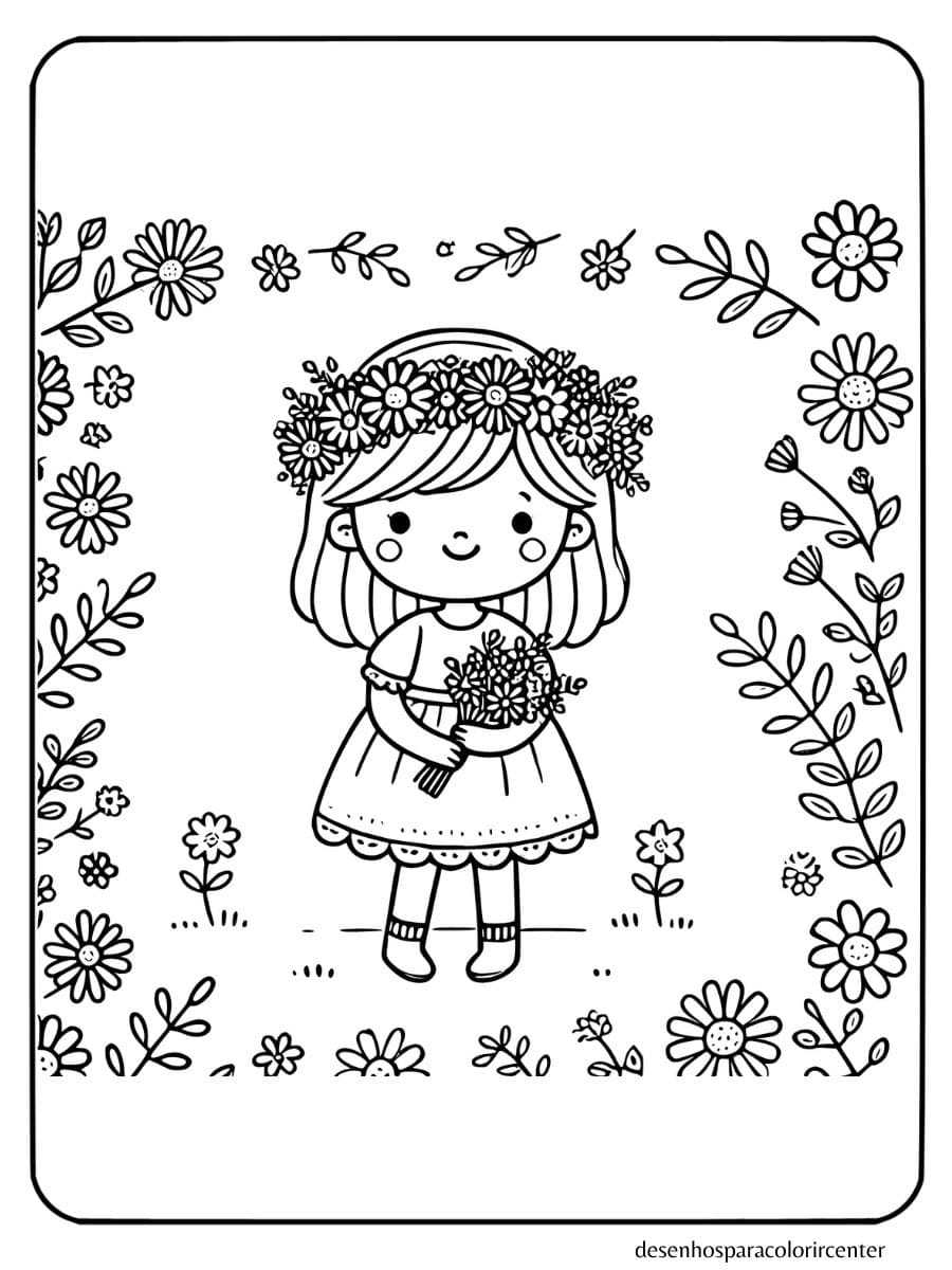 Menina Com Coroa De Flores para colorir