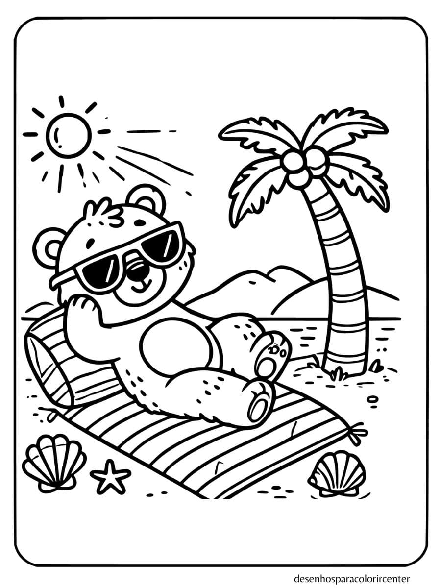 Urso relaxando na praia com óculos de sol para colorir