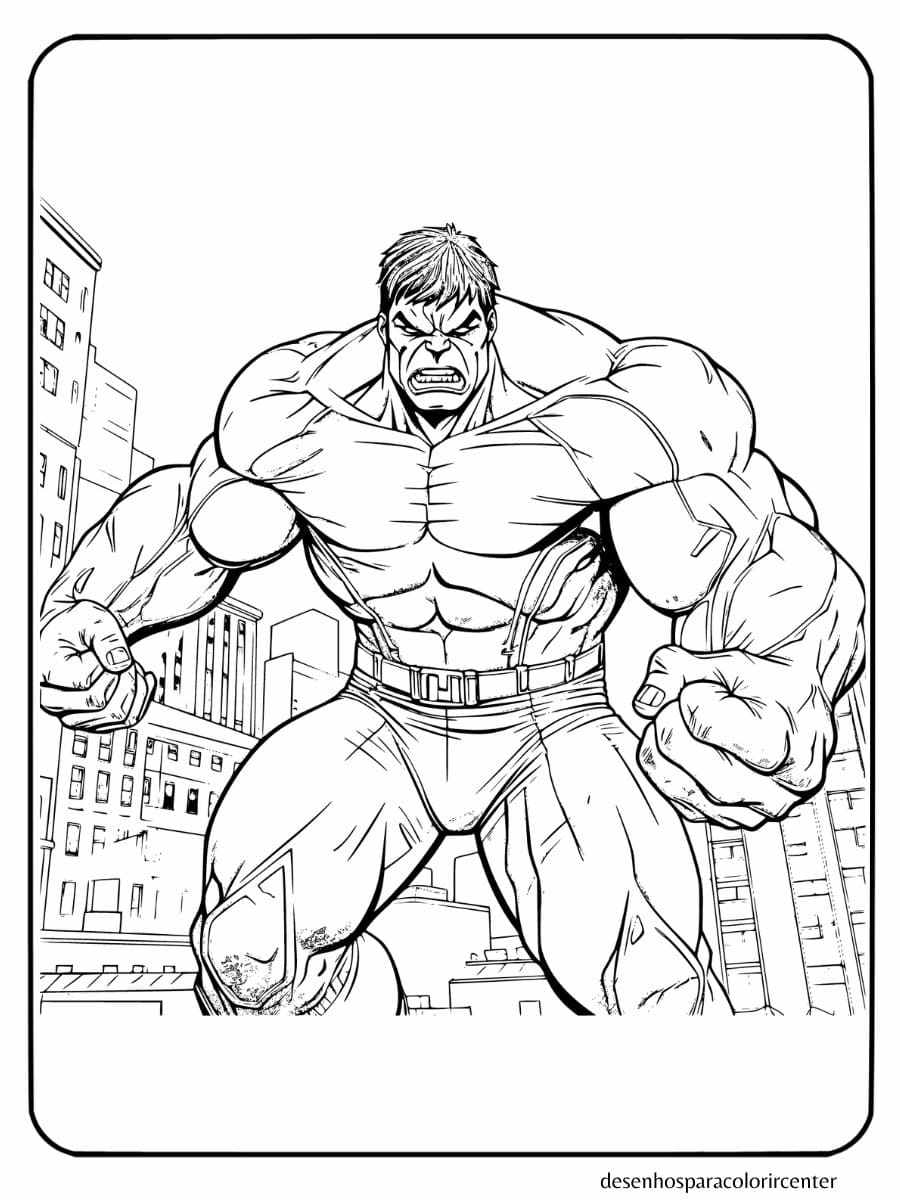 hulk pose de combate em frente a cidade para colorir