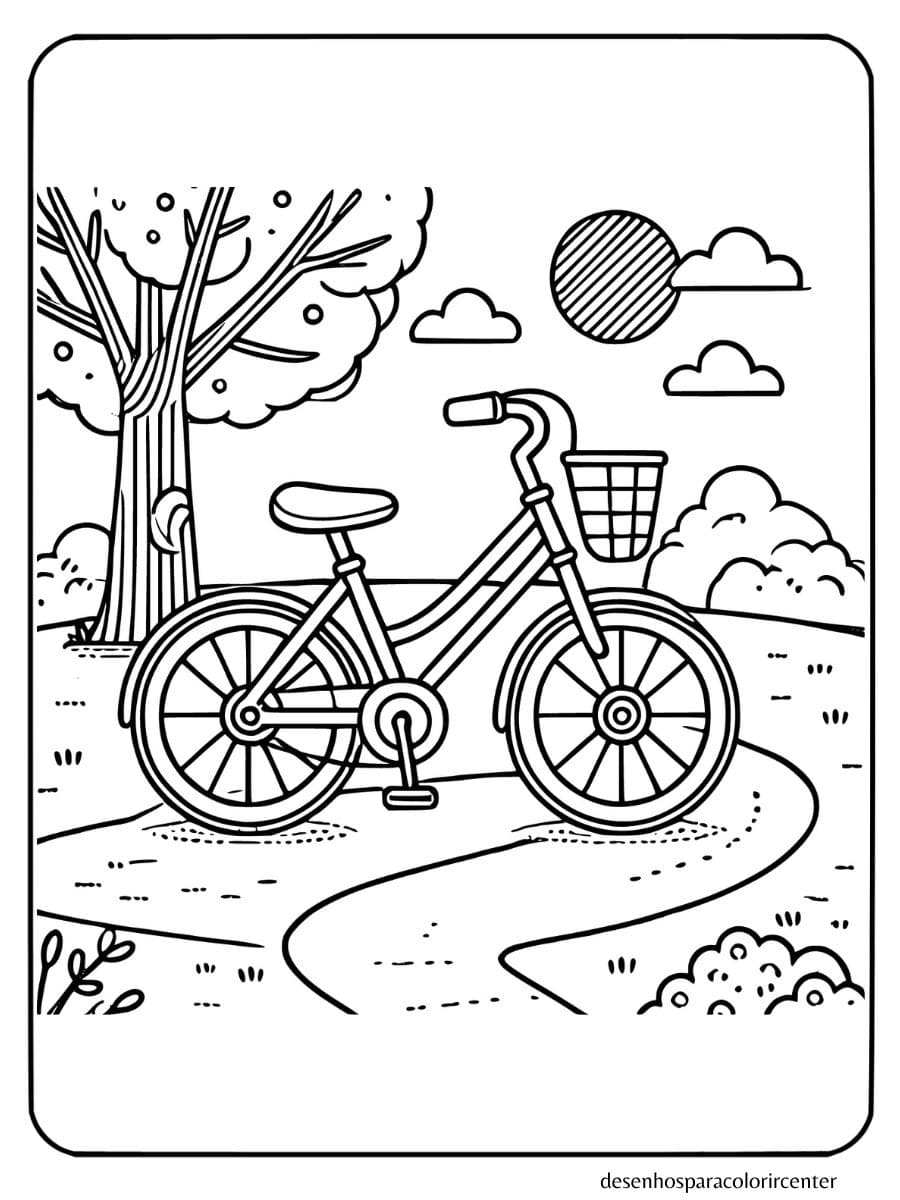 bicicleta com caminho torto e arbusto para colorir