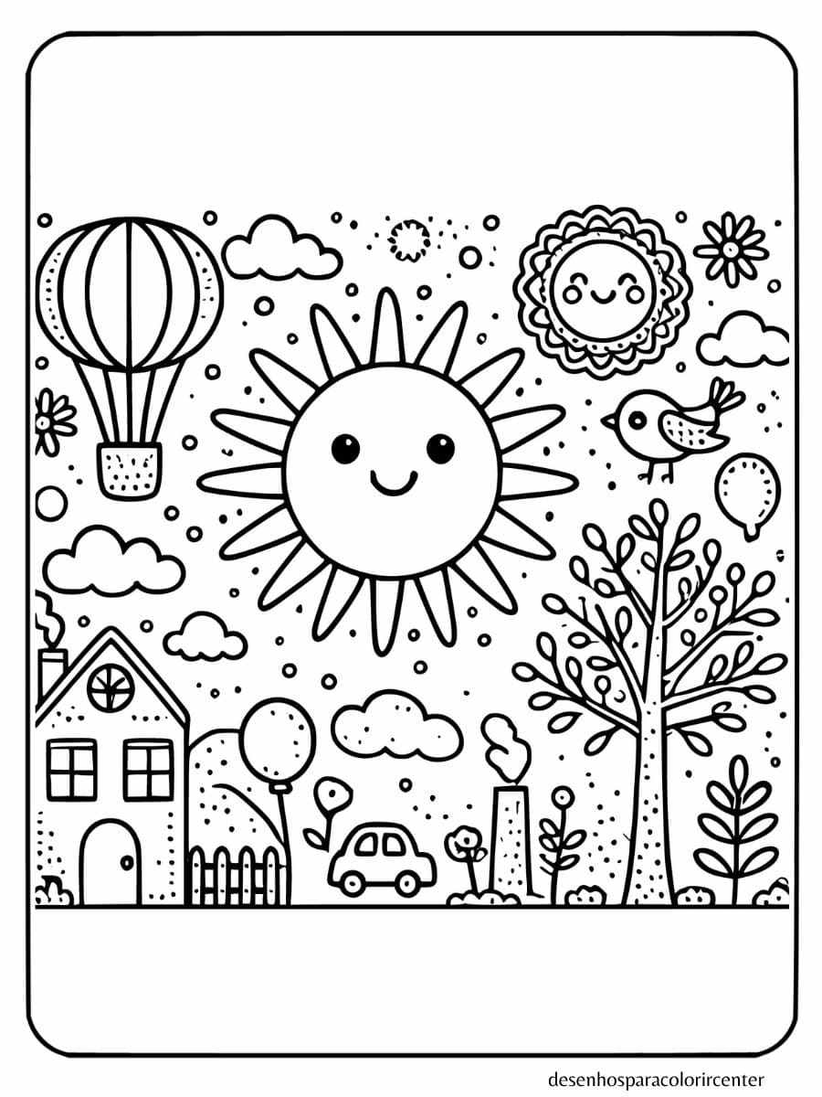 sol sorridente com baloes e casa para colorir