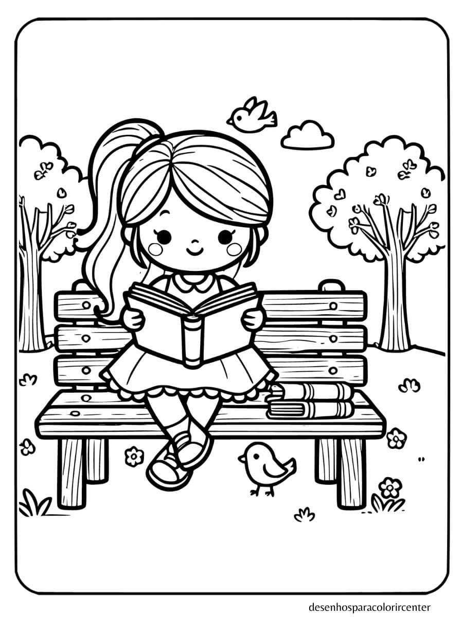 Menina Lendo Livro para colorir