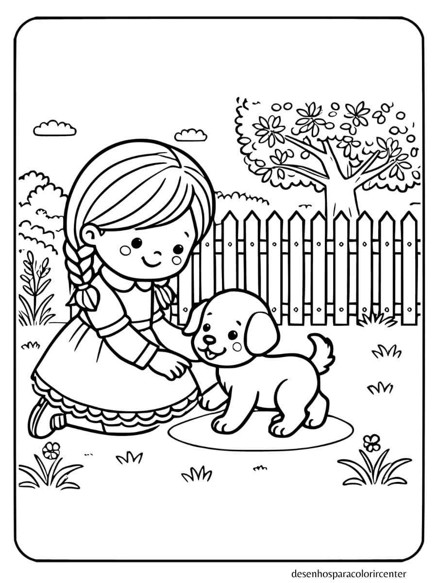 Menina Brincando Com Cachorro para colorir