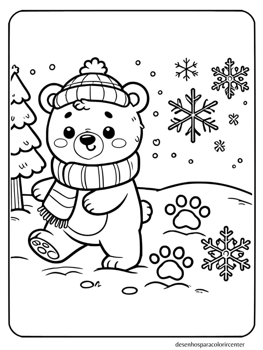 Urso usando cachecol andando na neve para colorir